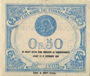 Billet de la Chambre de Commerce de Lyon - 50 centimes - délibération du 29 juillet 1920 - 17ème série