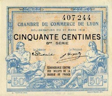 Billet de la Chambre de Commerce de Lyon - 50 centimes - délibération du 27 mars 1918 - 8ème série