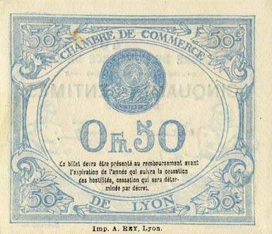 Billet de la Chambre de Commerce de Lyon - 50 centimes - délibération du 27 mars 1918 - 8ème série