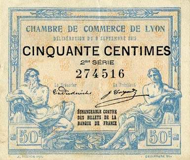 Billet de la Chambre de Commerce de Lyon - 50 centimes - délibération du 9 septembre 1915 - 2ème série - numéro 274516