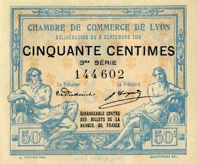 Billet de la Chambre de Commerce de Lyon - 50 centimes - délibération du 9 septembre 1915 - 3ème série