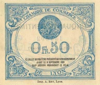 Billet de la Chambre de Commerce de Lyon - 50 centimes - délibération du 9 septembre 1915 - 3ème série
