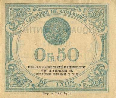 Billet de la Chambre de Commerce de Lyon - 50 centimes - délibération du 9 septembre 1915 - 4ème série