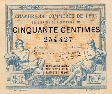 Billet de la Chambre de Commerce de Lyon - 50 centimes - délibération du 9 septembre 1915