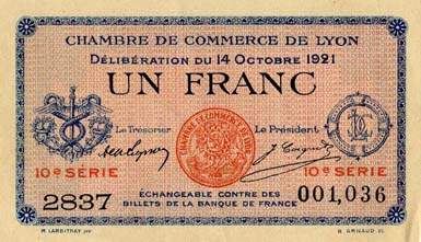 Billet de la Chambre de Commerce de Lyon - 1 franc - délibération du 14 octobre 1921 - 10ème série
