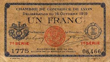 Billet de la Chambre de Commerce de Lyon - 1 franc - délibération du 16 octobre 1919 - sans filigrane