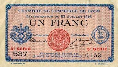 Billet de la Chambre de Commerce de Lyon - 1 franc - délibération du 23 juillet 1916 - 3ème série