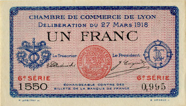Billet de la Chambre de Commerce de Lyon - 1 franc - délibération du 27 mars 1918 - 6ème série - n° 0,995
