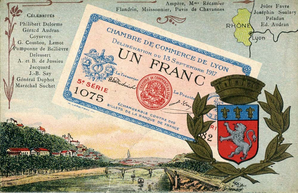Carte postale représentant un billet de 1 franc - délibération du 13 septembre 1917 - 5ème série - n° 1075 - de la Chambre de Commerce de Lyon