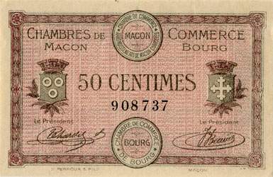 Billet des Chambres de Commerce de Mcon et Bourg - 50 centimes - mission du 1er septembre 1915 - n 908737
