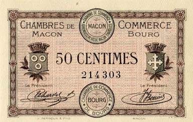 Billet des Chambres de Commerce de Mcon et Bourg - 50 centimes - mission du 1er septembre 1915 - n 214303