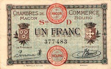 Billet des Chambres de Commerce de Mâcon et Bourg - 1 franc - émission du 15 octobre 1917
