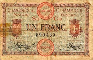 Billet des Chambres de Commerce de Mcon et Bourg - 1 franc - mission du 1er septembre 1915 - srie Crt