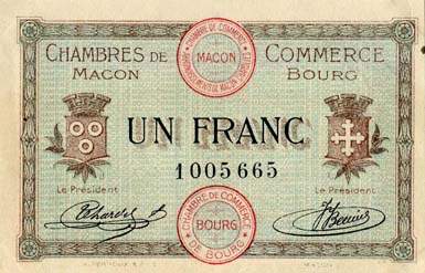 Billet des Chambres de Commerce de Mâcon et Bourg - 1 franc - émission du 1er septembre 1915