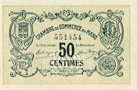 Billet de la Chambre de Commerce du Mans - 50 centimes - 2ème série - 1er mars 1917 - avec timbre sec