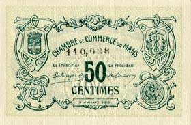 Billet de la Chambre de Commerce du Mans - 50 centimes - 8 juillet 1915 - numéro avec virgule