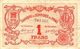 Billet de la Chambre de Commerce du Mans - 1 franc - 15 avril 1920 - 3ème série - numéro sans virgule