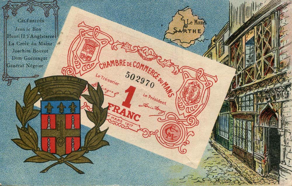 Carte postale représentant un billet de 1 franc du 1er mars 1917 n° 502970 de la Chambre de Commerce du Mans