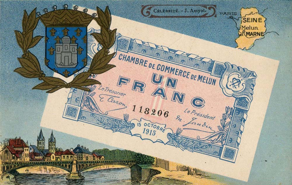 Carte postale représentant un billet de 1 franc du 15 octobre 1915 n° 118206 de la Chambre de Commerce de Melun