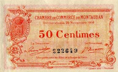Billet de la Chambre de Commerce de Montauban - 50 centimes - délibération du 20 novembre 1914 - n°222619