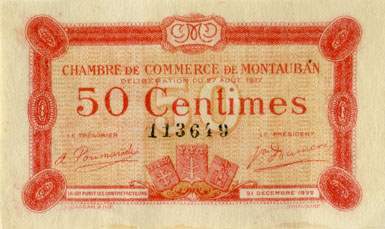 Billet de la Chambre de Commerce de Montauban - 50 centimes - dlibration du 27 aot 1917 - n 113649