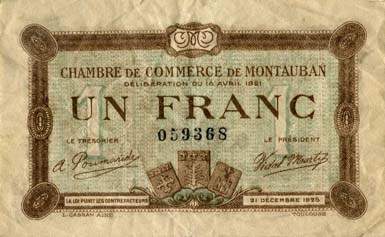 Billet de la Chambre de Commerce de Montauban - 1 franc - délibération du 15 avril 19217