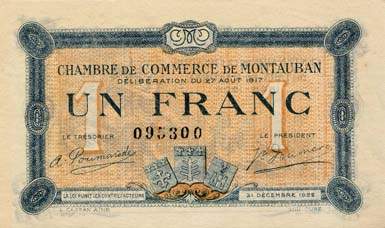 Billet de la Chambre de Commerce de Montauban - 1 franc - délibération du 27 août 1917