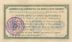 Billet de la Chambre de Commerce de Montluçon - Gannat - 50 centimes - Autorisation Ministérielle du 28 avril 1916
