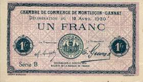 Billet de la Chambre de Commerce de Montluçon - Gannat - 1 franc - délibération du 12 avril 1920 - spécimen