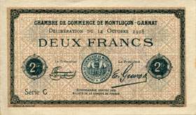 Billet de la Chambre de Commerce de Montluçon - Gannat - 2 francs - délibération du 14 octobre 1918 - spécimen