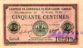 Billet de la Chambre de Commerce de Montluçon - Gannat - 50 centimes - délibération du 12 avril 1920