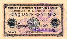 Billet de la Chambre de Commerce de Montluçon - Gannat - 50 centimes - délibération du 14 octobre 1918