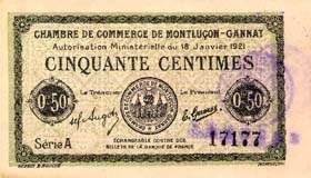 Billet de la Chambre de Commerce de Montluçon - Gannat - 50 centimes - délibération du 18 janvier 1921