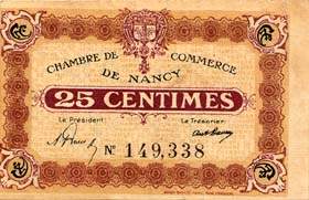 Billet de la Chambre de Commerce de Nancy - 25 centimes - sans date - imprimerie Berger-Levrault - filigrane Abeilles