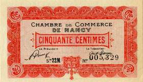 Billet de la Chambre de Commerce de Nancy - 50 centimes - 1er mai 1920 - série 22M - numéro 005,329