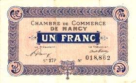 Billet de la Chambre de Commerce de Nancy - 1 franc - 1er janvier 1921 - sans filigrane - série 27P
