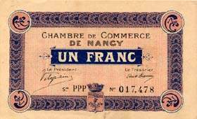 Billet de la Chambre de Commerce de Nancy - 1 franc - 7 dcembre 1915 - varit  3 lettres de srie