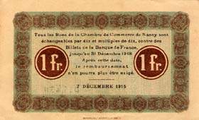 Billet de la Chambre de Commerce de Nancy - 1 franc - 7 décembre 1915 - variété à 3 lettres de série