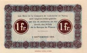 Billet de la Chambre de Commerce de Nancy - 1 franc - 9 septembre 1915