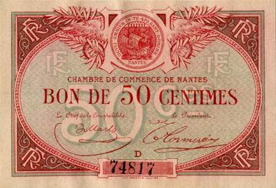 Billet de la Chambre de Commerce de Nantes - 50 centimes - sans date de remboursement - avec lettre de srie D - n 74817