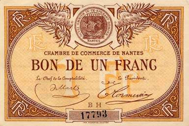Billet de la Chambre de Commerce de Nantes - 1 franc - remboursement avant le 31 décembre 1923 - série BH