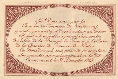 Billet de la Chambre de Commerce de Nantes - 1 franc - remboursement avant le 31 décembre 1923 - série BH