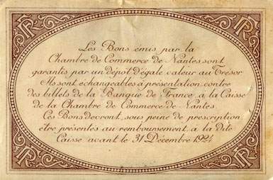 Billet de la Chambre de Commerce de Nantes - 1 franc - remboursement avant le 31 dcembre 1924 - srie CG