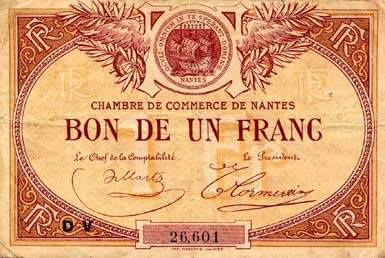 Billet de la Chambre de Commerce de Nantes - 1 franc - remboursement avant le 31 décembre 1924 - série DV - grandes lettres