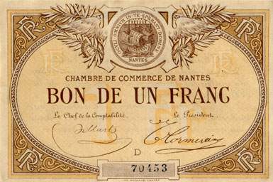 Billet de la Chambre de Commerce de Nantes - 1 franc - sans date de remboursement - avec lettre de série D - n° 70153