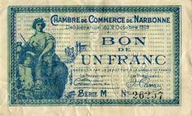 Billet de la Chambre de Commerce de Narbonne - 1 franc - délibération du 2 octobre 1919 - série M