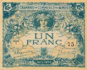 Billet de la Chambre de Commerce de Nîmes - 1 franc - délibération du 4 juin 1915 - 1915-1920 - numéro en bleu