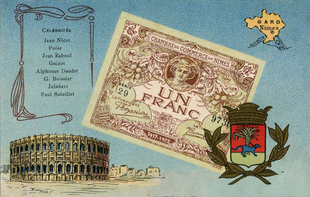 Carte postale représentant un billet de 1 franc 1917-1922 - série 29 - numéro 9730 - de la Chambre de Commerce de Nîmes