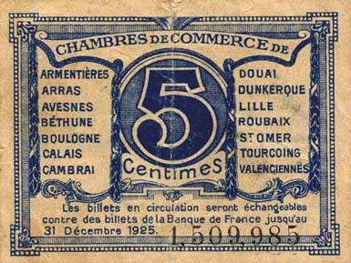Billet des Chambres de Commerce du Nord et du Pas-de-Calais - 5 centimes - Echangeables jusqu'au 31 d�cembre 1925
