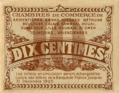Billet des Chambres de Commerce du Nord et du Pas-de-Calais - 10 centimes - Echangeables jusqu'au 31 d�cembre 1925 - n� 0,422,447
